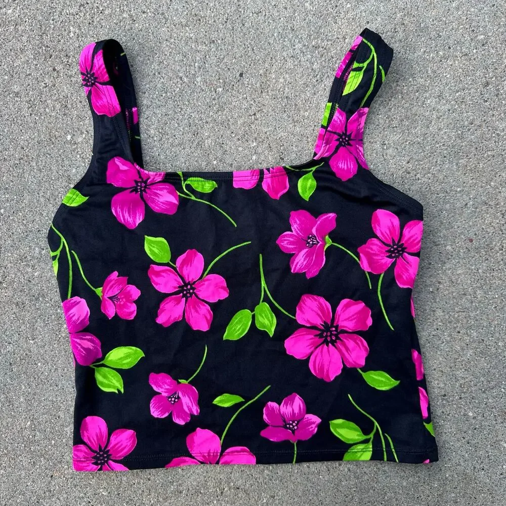 Vintage 90s Catalina Tankini Swim Top Black Purple Floral Tropical SMALL